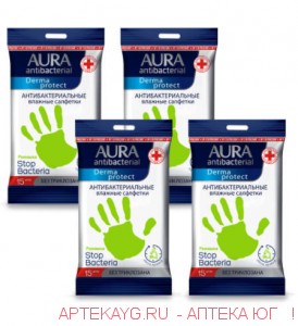 Aura antibacterial derma protect салфетки влаж очищающ антибакт алоэ n15