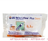 Шприц инсулиновый 100ме/0,3мл с игл 30g n10/bd/